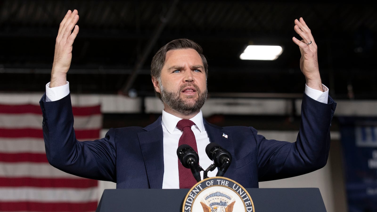 HOWELL, MICHIGAN - SEPTEMBER 17: Vice President JD Vance delivers remarks at Hatch Stamping on September 17, 2025 in Howell, Michigan. Vance spoke about tax cuts that were passed by Congress this year and how they would benefit businesses and families. (Photo by Bill Pugliano/Getty Images)