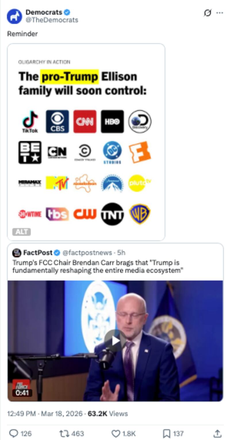 Democrats warned of the extent of David Ellison's control of media properties.