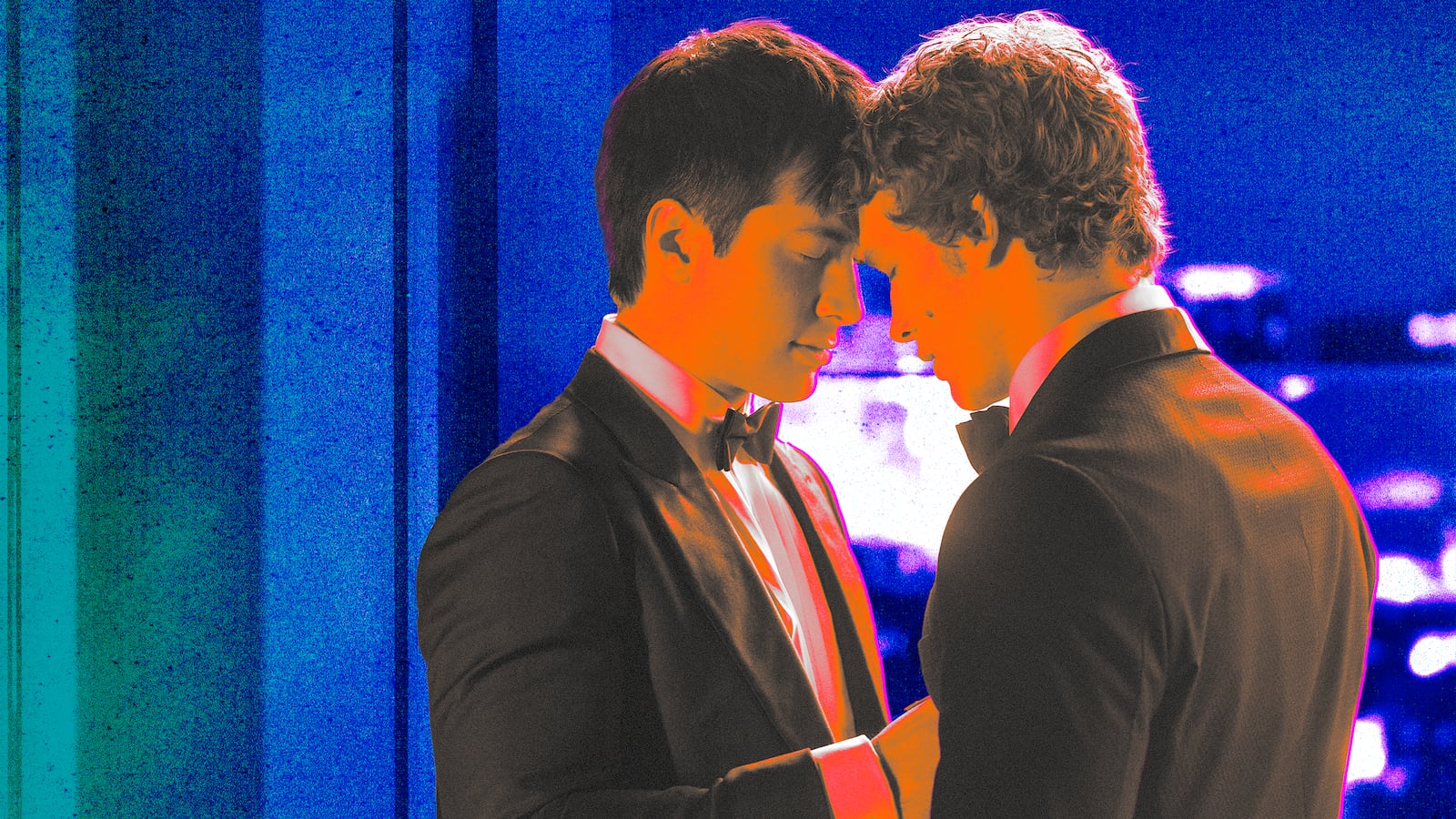 A photo illustration of Hudson Williams and Connor Storrie in Heated Rivalry.