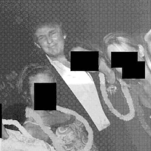 Trump is featured in a photo with five women with their faces blocked out.
