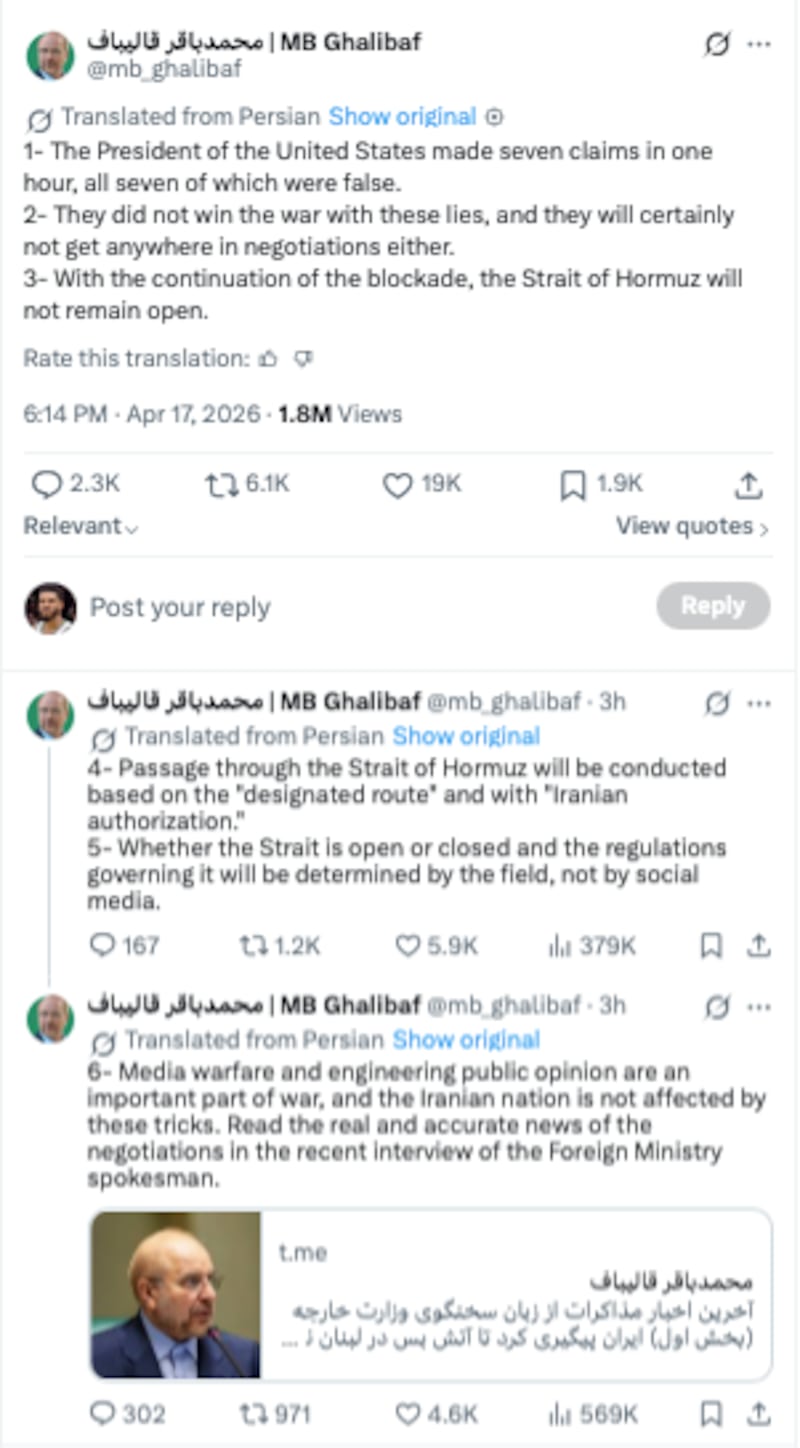 Ghalibaf responded to Trump's comments in a statement on X.