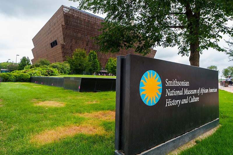 WASHINGTON, DC - AUGUST 20: A sign makes the location of the Smithsonian National Museum of African American History and Culture on the National Mall on August 20, 2025, in Washington, DC. The museum is one of 19 Smithsonian Institute museums in Washington, DC, and New York, NY. (Photo by J. David Ake/Getty Images)