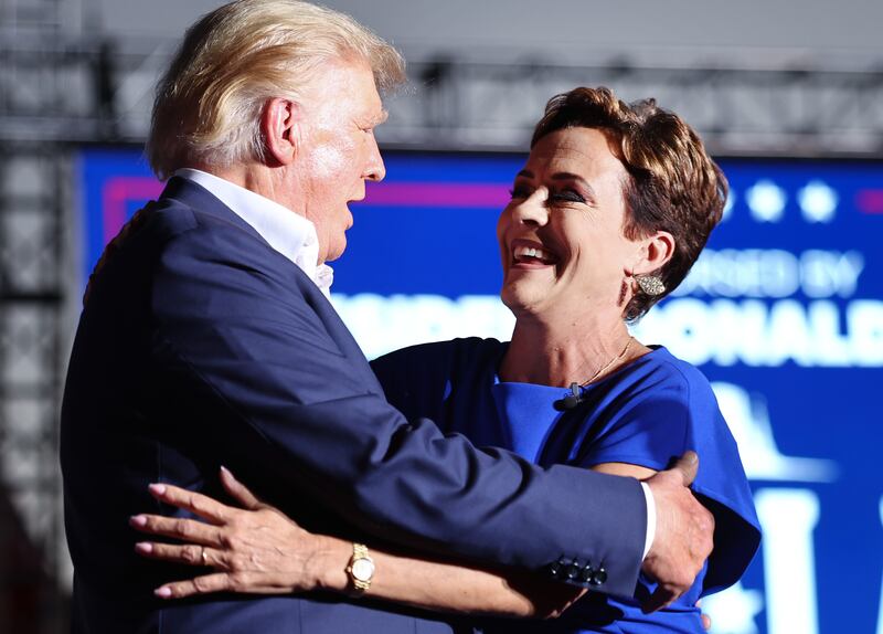 Republican gubernatorial nominee Kari Lake at a campaign rally at Legacy Sports USA on October 09, 2022 in Mesa, Arizona. Trump was stumping for Arizona GOP candidates ahead of the midterm election on November 8. (Photo by Mario Tama/Getty Images)