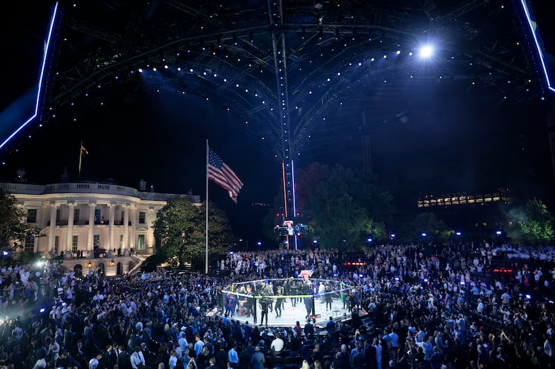 Justin Gaethje celebrates defeating Ilia Topuria in their lightweight championship bout at UFC Freedom 250 on the South Lawn of the White House on June 15, 2026 in Washington, DC.