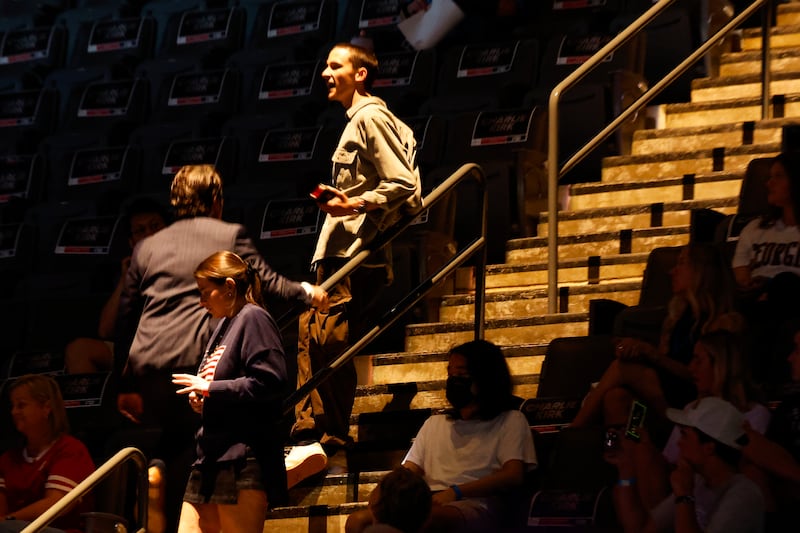 A man is escorted out after shouting about the war in Gaza to U.S. Vice President JD Vance during a Turning Point USA event at Akins Ford Arena at the Classic Center on April 14, 2026 in Athens, Georgia.