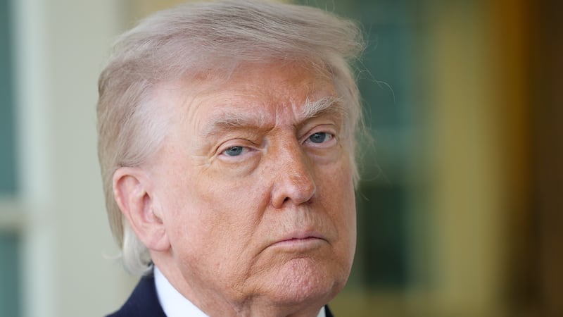 President Donald Trump speaks to the press during an event outside the Oval Office of the White House on April 13, 2026 in Washington, DC.