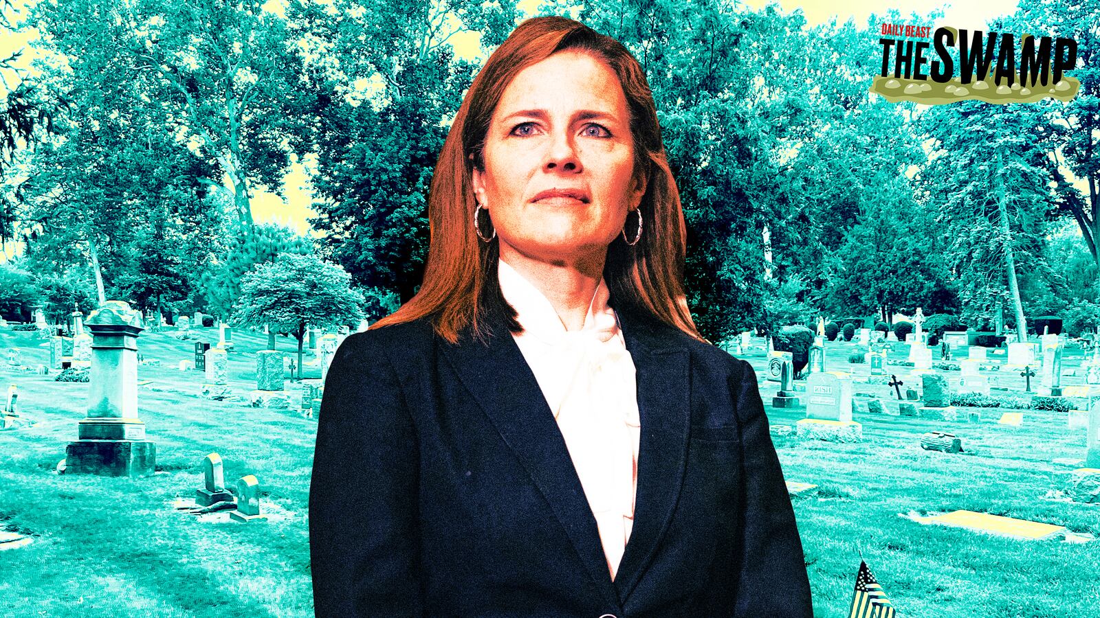 A photo illustration of Amy Coney Barrett, Notre Dame cemetery, and the Swamp logo.