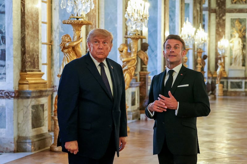 U.S. President Donald Trump receives a tour of Chateau de Versailles from President of France Emmanuel Macron ahead of a dinner, France, June 17, 2026.