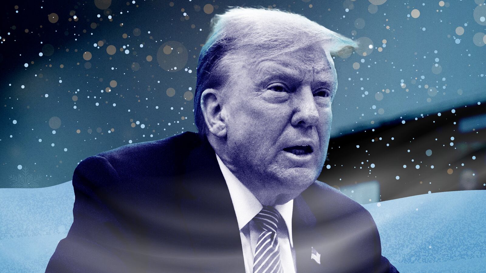 A photo illustration of a freezing Donald Trump in a courtroom.