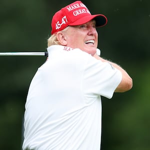 BEDMINSTER, NEW JERSEY - AUGUST 10: Former President Donald Trump follows his tee shot on the 3rd tee during the pro-am prior to the LIV Golf Invitational - Bedminster at Trump National Golf Club on August 10, 2023 in Bedminster, New Jersey. (Photo by Mike Stobe/Getty Images)