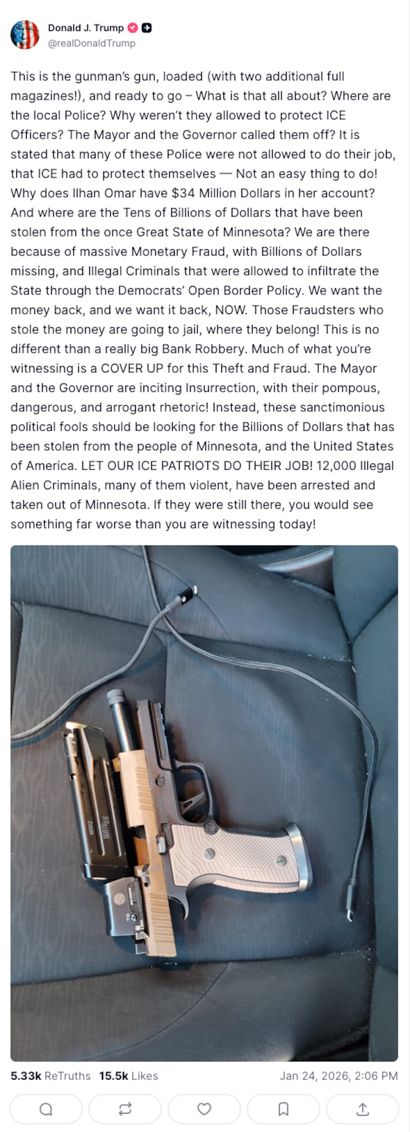 Donald Trump goes on an incoherent rant about corruption while addressing the ICE shooting on Truth Social.