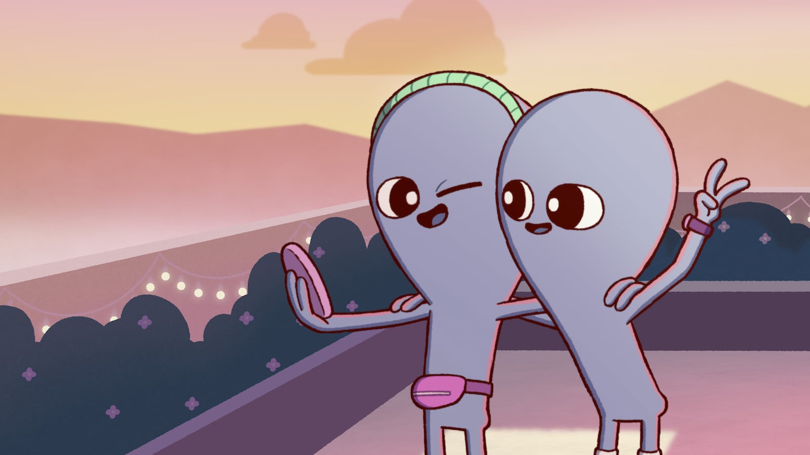 A still of two aliens posing from the series Strange Planet.