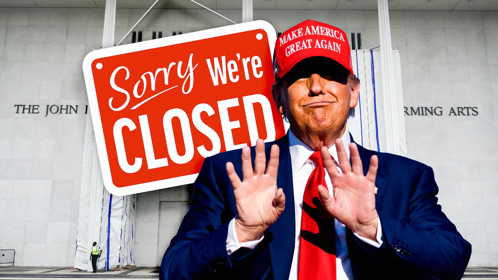 A photo illustration of Donald Trump and the Kennedy Center.