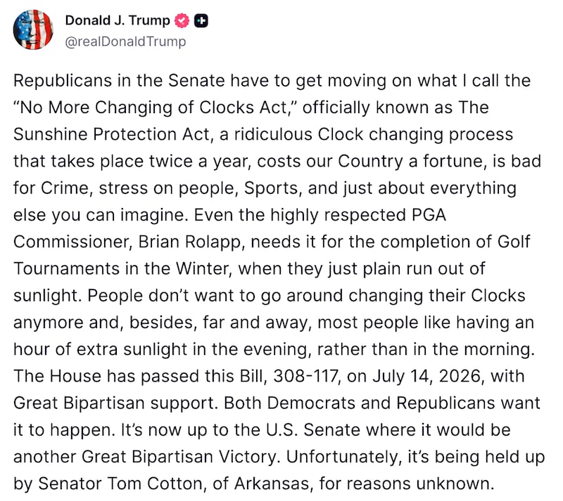 Screengrab of Trump’s Truth Social post.