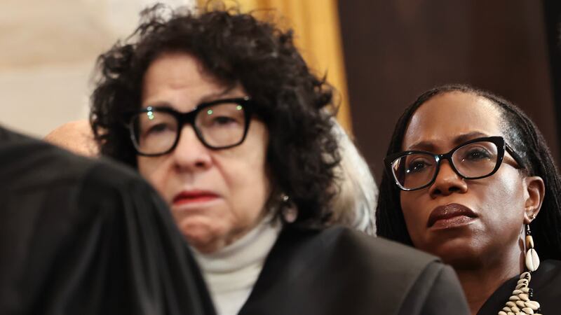 U.S. Supreme Court Chief Justice John Roberts, U.S. Supreme Court Associate Justice Sonia Sotomayor and U.S. Associate Supreme Court Justice Ketanji Brown Jackson listen as U.S. President Donald Trump speaks during inauguration ceremonies in the Rotunda of the U.S. Capitol on January 20, 2025 in Washington, DC.