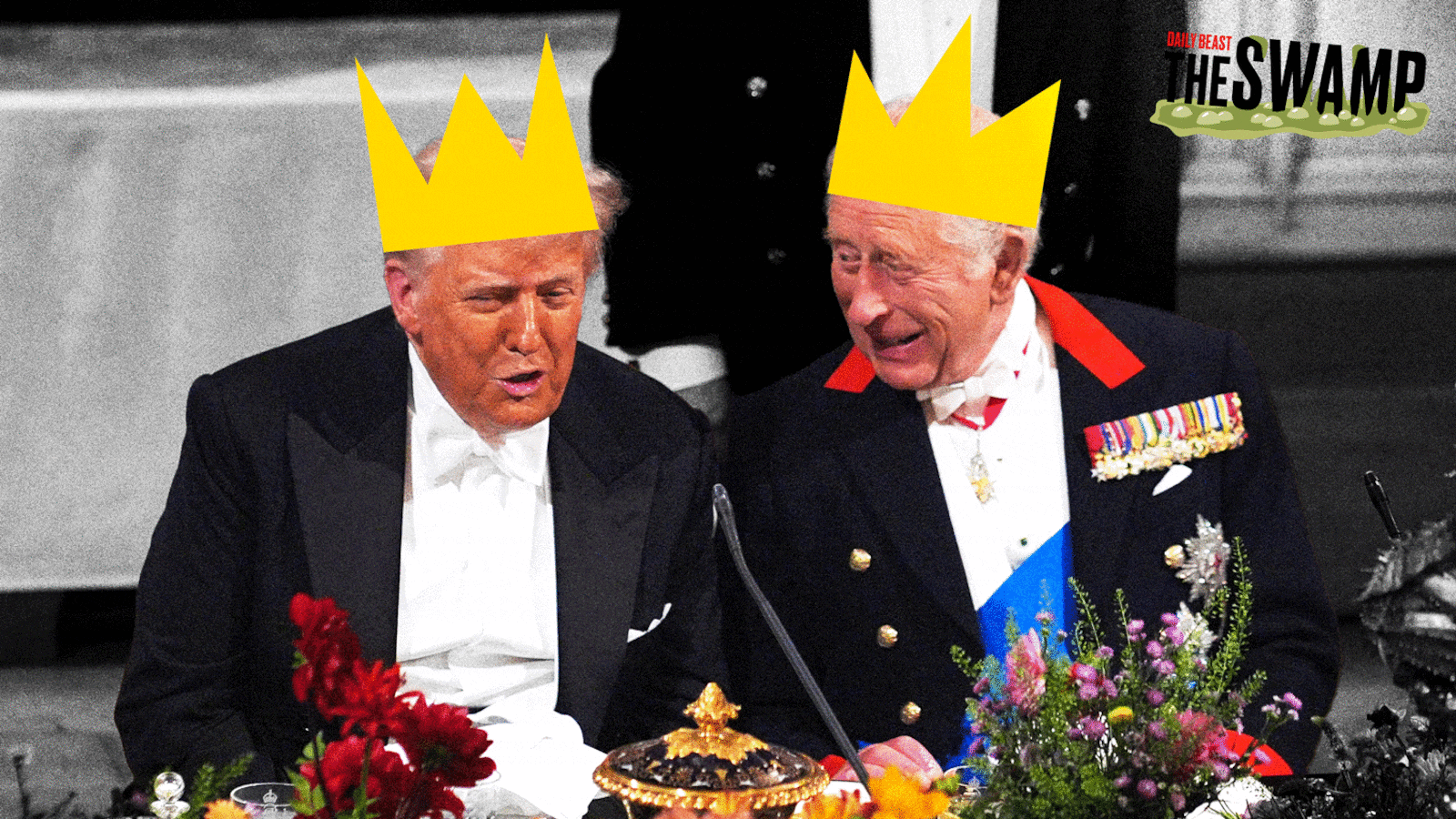 Donald Trump and King Charles wearing crowns with Trump's flashing on and off