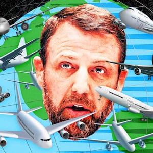 A photo illo illustration of Markwayne Mullin and airplanes flying around Earth.