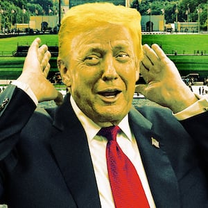 A photo illo illustration of Donald Trump in front of the D.C. Reflecting Pool.