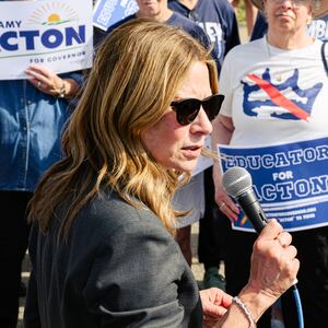 Ohio Democratic gubernatorial candidate and former director of the Ohio Department of Health, Dr. Amy Acton, speaks to supporters during a rally on April 28, 2026 in Cincinnati, Ohio.