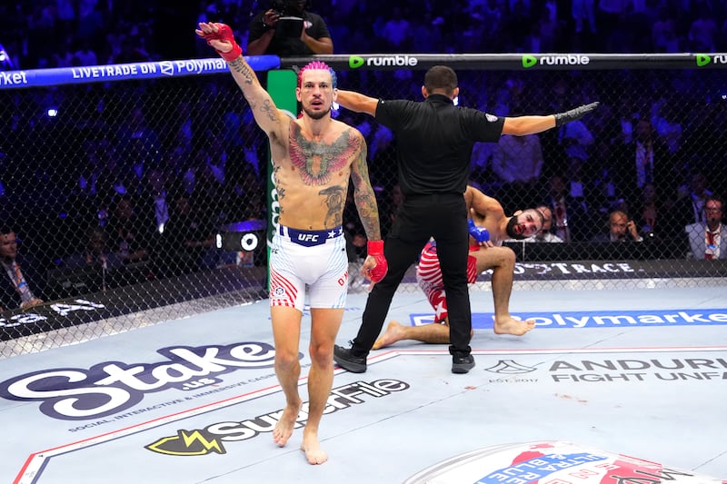WASHINGTON, DC - JUNE 14: Sean O'Malley reacts to his win over Aiemann Zahabi of Canada in a bantamweight fight during the UFC Freedom 250 event on the South Lawn at the White House on June 14, 2026 in Washington, DC.