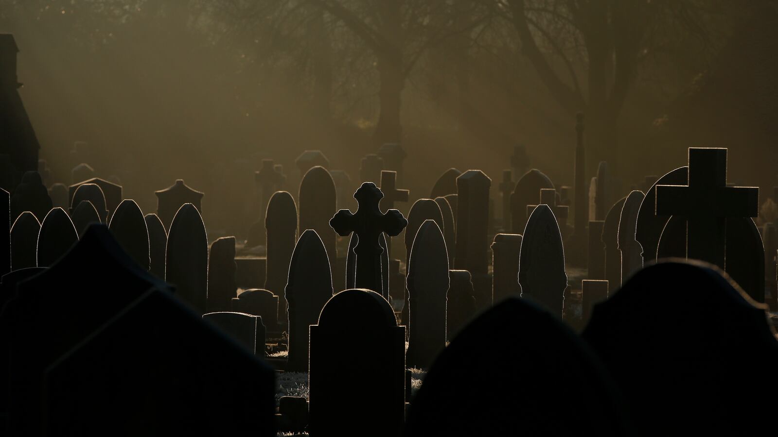 A photo of frost-covered gravestones