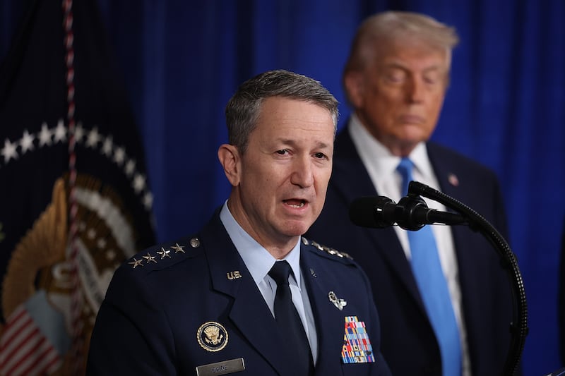 Chairman of the Joint Chiefs of Staff Dan Caine speaks during a press conference with U.S. President Donald Trump