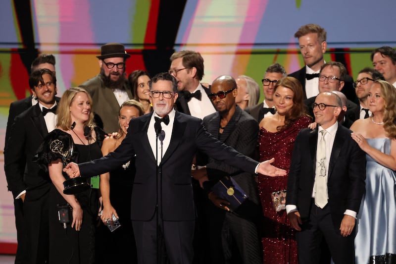Stephen Colbert and cast and crew accept the award for Outstanding Variety Series for "The Late Show with Stephen Colbert" during the 78th Primetime Emmy Awards in Los Angeles, California, U.S., September 14, 2026. REUTERS/Mario Anzuoni