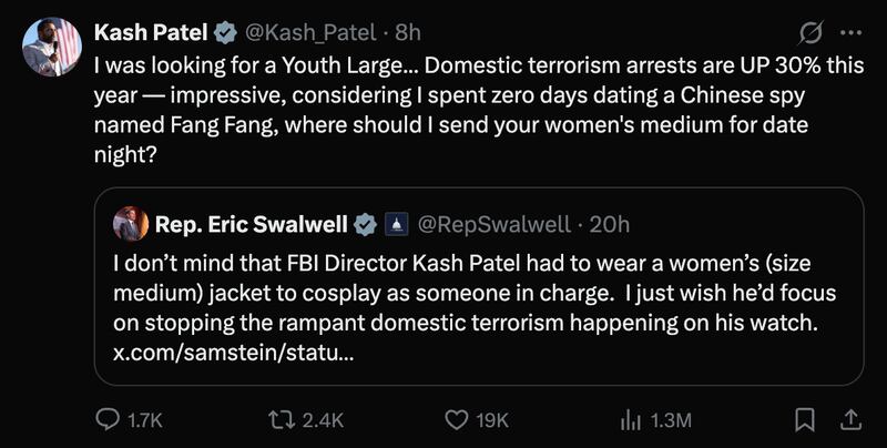 Kash Patel very publicly loses it at Eric Swalwell.