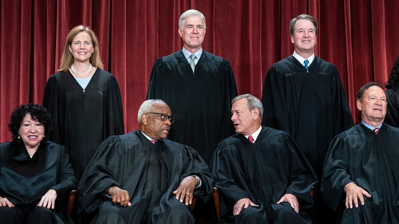 Bottom row, from left, Associate Justice Sonia Sotomayor, Associate Justice Clarence Thomas, Chief Justice of the United States John Roberts, Associate Justice Samuel Alito. Top row, from left, Associate Justice Amy Coney Barrett, Associate Justice Neil Gorsuch, and Associate Justice Brett Kavanaugh.