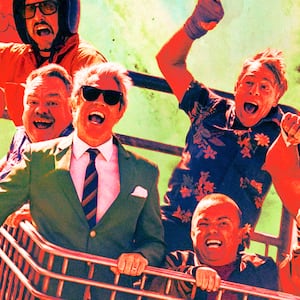 A photo illustration of Jason 'Wee Man' Acuña, Dave England, Johnny Knoxville, Ehren McGhehey, Chris Pontius, Steve-O, and Preston Lacy in Jackass: Best and Last.
