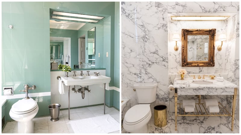 The Lincoln Bathroom before President Donald Trump’s dramatic renovation, left, and after, right.