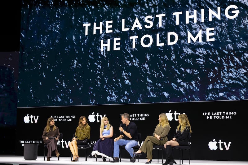 SANTA MONICA, CALIFORNIA - FEBRUARY 03: (L-R) Author/Executive Producer Laura Dave, Jennifer Garner, Angourie Rice, Nikolaj Coster-Waldau, Judy Greer and Rita Wilson from the second season of Apple's “The Last Thing He Told Me,” at the Apple TV Press Day at the Barker Hangar on February 03, 2026 in Santa Monica, California. The star-studded event highlighted a stellar lineup of original series and films coming to Apple TV in 2026. (Photo by JC Olivera/Apple TV via Getty Images)