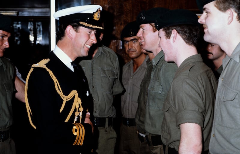 SS CANBERRA, SOUTHAMPTON - JULY 11: Prince Charles meets Royal Marine"u2019s returning from the Falklands War, on board SS Canberra, as it arrived in Southampton, England on July 11, 1982. (Photo by David Levenson/Getty Images)"n