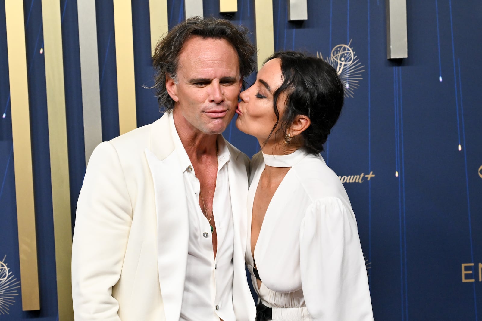 Actor Walton Goggins and writer and director Nadia Conners on the Emmys red carpet.