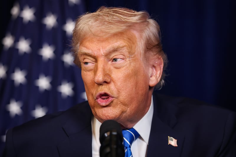 PALM BEACH, FLORIDA - DECEMBER 28: U.S. President Donald Trump speaks during a press conference with Ukrainian President Volodymyr Zelensky following their meeting at Trump’s Mar-a-Lago club on December 28, 2025 in Palm Beach, Florida. Trump invited Zelensky to his private club to work on the U.S. proposed peace plan to end the war in Ukraine as the conflict approaches four years since the sudden full-scale invasion by Russia on February 24, 2022. (Photo by Joe Raedle/Getty Images)