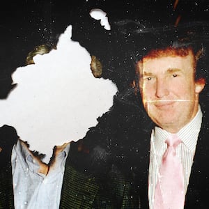 Donald Trump and Jeffrey Epstein with Epstein's face burned out of the image