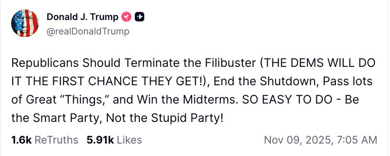 Trump's Nov 9 Truth Social post