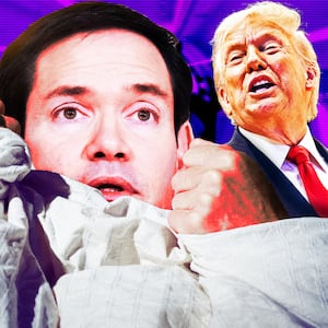 A photo illustration of Marco Rubio hiding from Donald Trump.