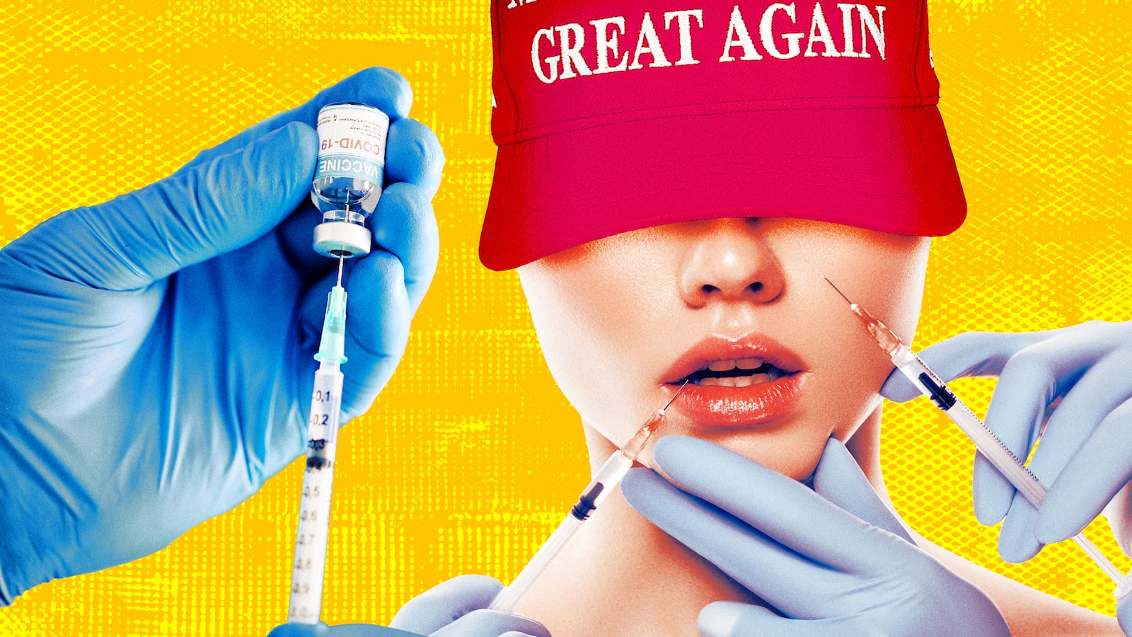 A photo illustration of a woman with a MAGA hat getting box injections, while looking at a Covid vaccine.