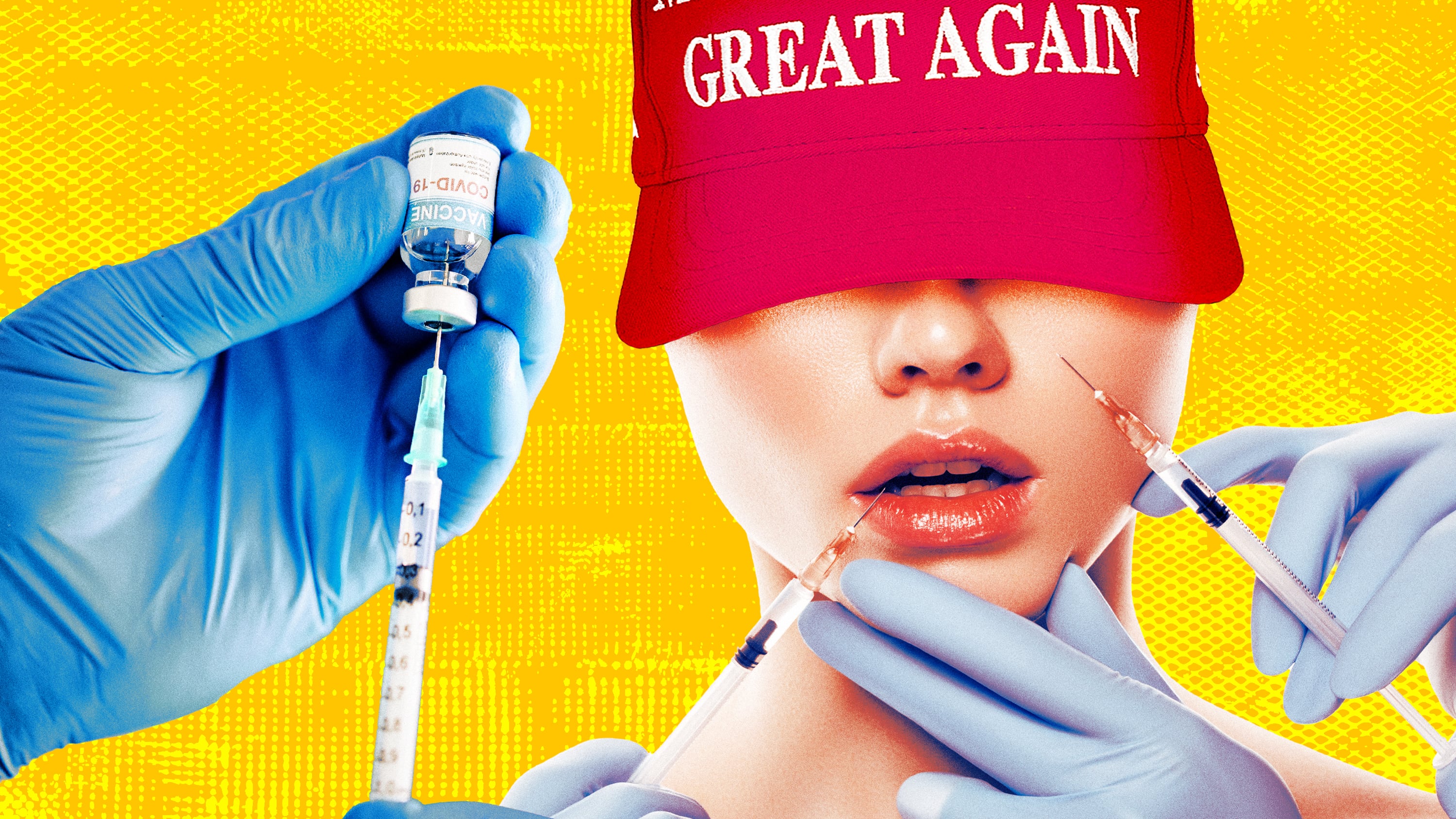 A photo illustration of a woman with a MAGA hat getting box injections, while looking at a Covid vaccine.