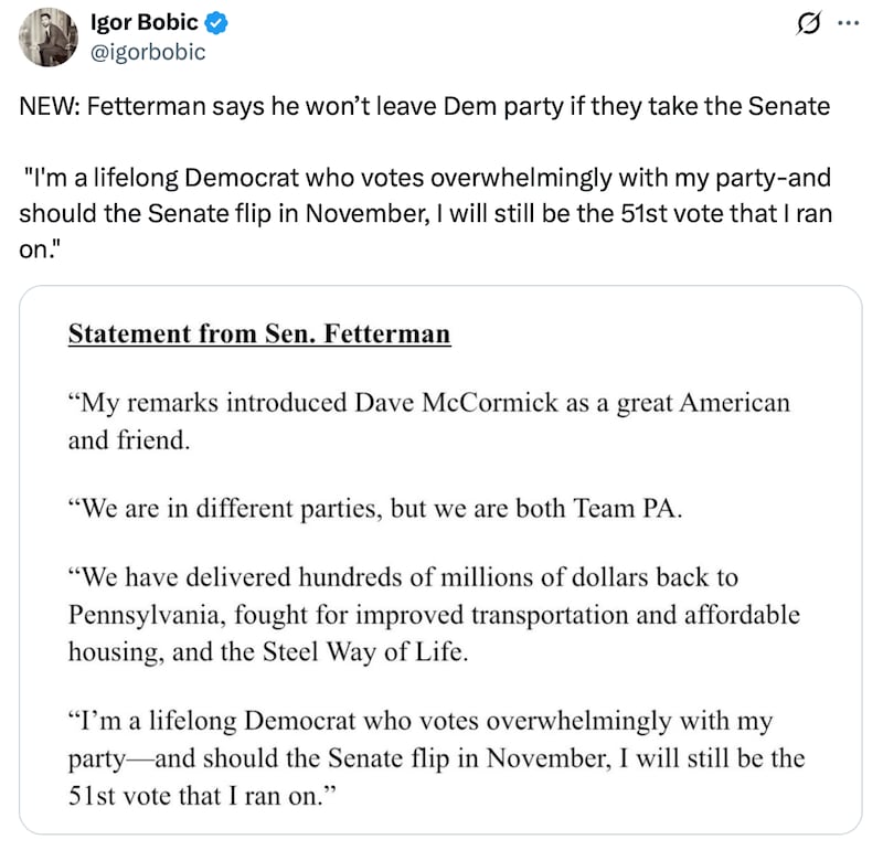 Senator John Fetterman releases a statement on his future.
