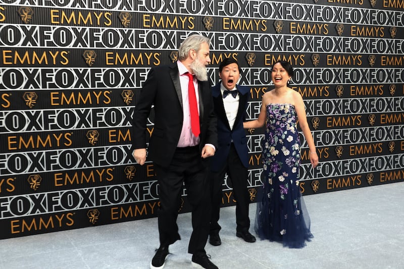 Dan Harmon, Ken Jeong and Tran Jeong attend the 75th Primetime Emmy Awards in Los Angeles, California, U.S. January 15, 2024.
