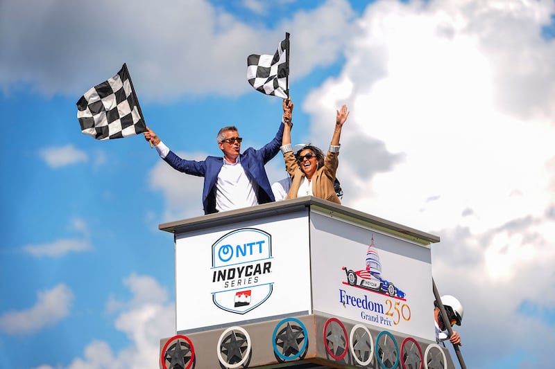 U.S. Secretary of the Transportation Sean Duffy and his wife Rachel Campos-Duffy react on the day of the Freedom 250 Grand Prix IndyCar series race in Washington, D.C., U.S., August 23, 2026.