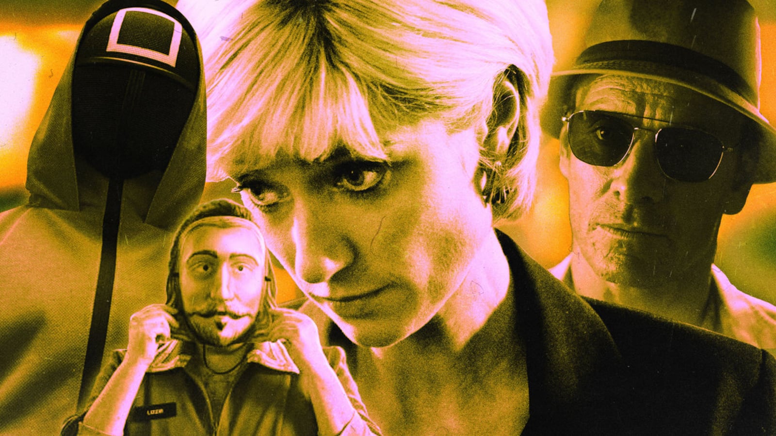 An illustration including stills from the television series and films such as Squid Game: The Challenge, The Crown, The Killers, and Thanksgiving