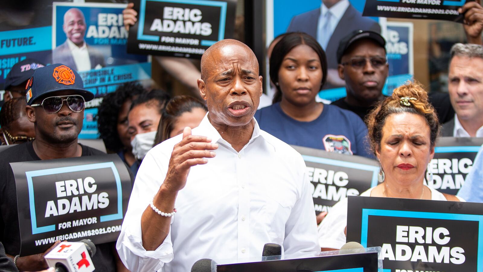 A picture of Eric Adams during his 2021 mayoral campaign in New York City. Six people have been indicted in a campaign finance scheme for allegedly submitting fraudulent contribution forms toward Adams’ campaign.
