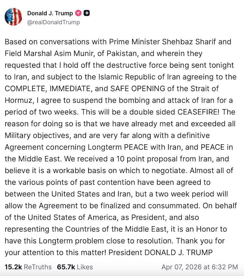 Trump announces the initial cease-fire plan. Donald Trump/Truth Social.