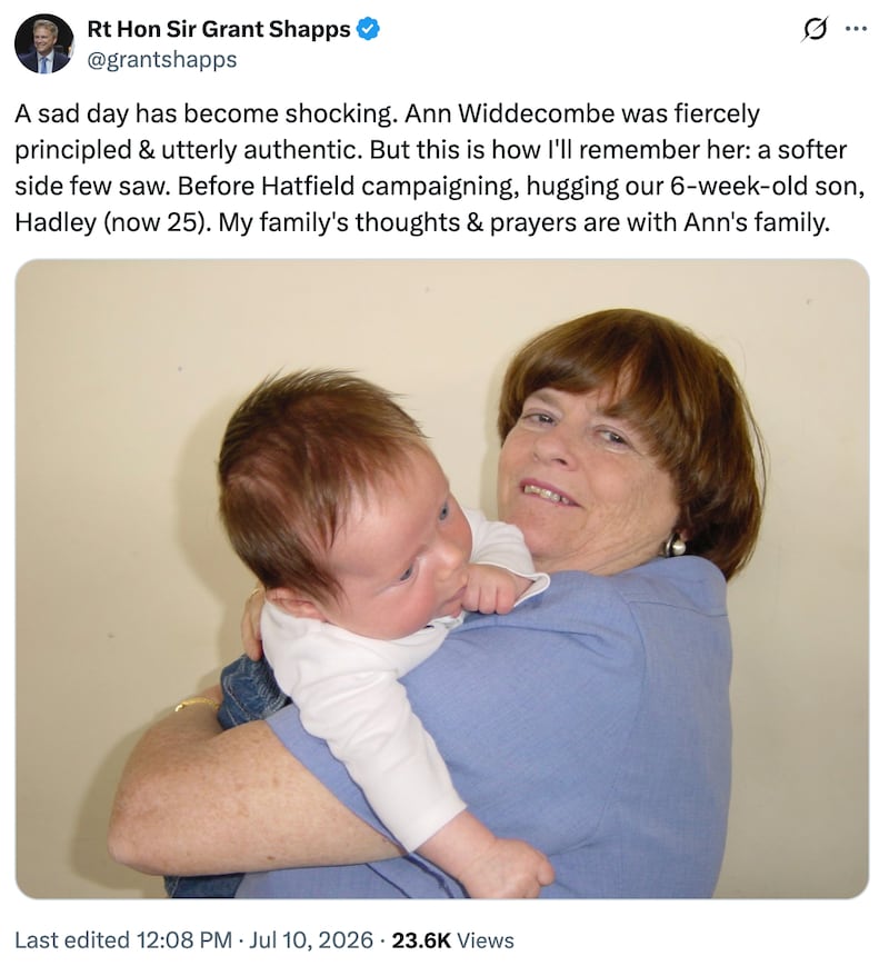 Grant Shapps posts on X about the murder of his former colleague Ann Widdecombe.