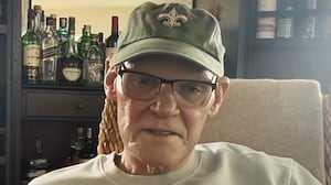 James Carville records an episode of his podcast from his house.