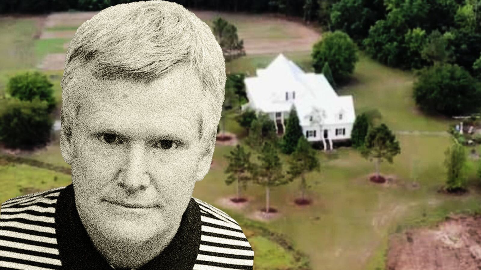 A photo illustration of Alex Murdaugh and the house from his estate, Moselle.
