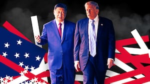 A photo illo illustration of Xi Jinping and Donald Trump and a broken US flag.